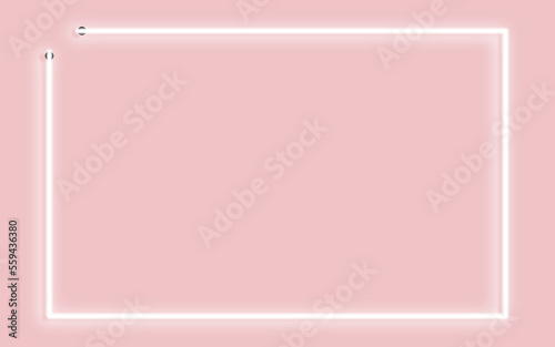 Neon rectangle on wall. Bright light on pink background. Illustration of white power glowing bulb banner. Light line. Neon frame for design. Copy space.