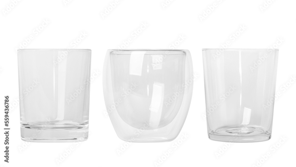 a set of glass glasses of different sizes Small and large glasses. Empty glass glasses. PNG without background. a set of glass glasses of different sizes Small and large glasses. Empty glass glasses. PNG without background.