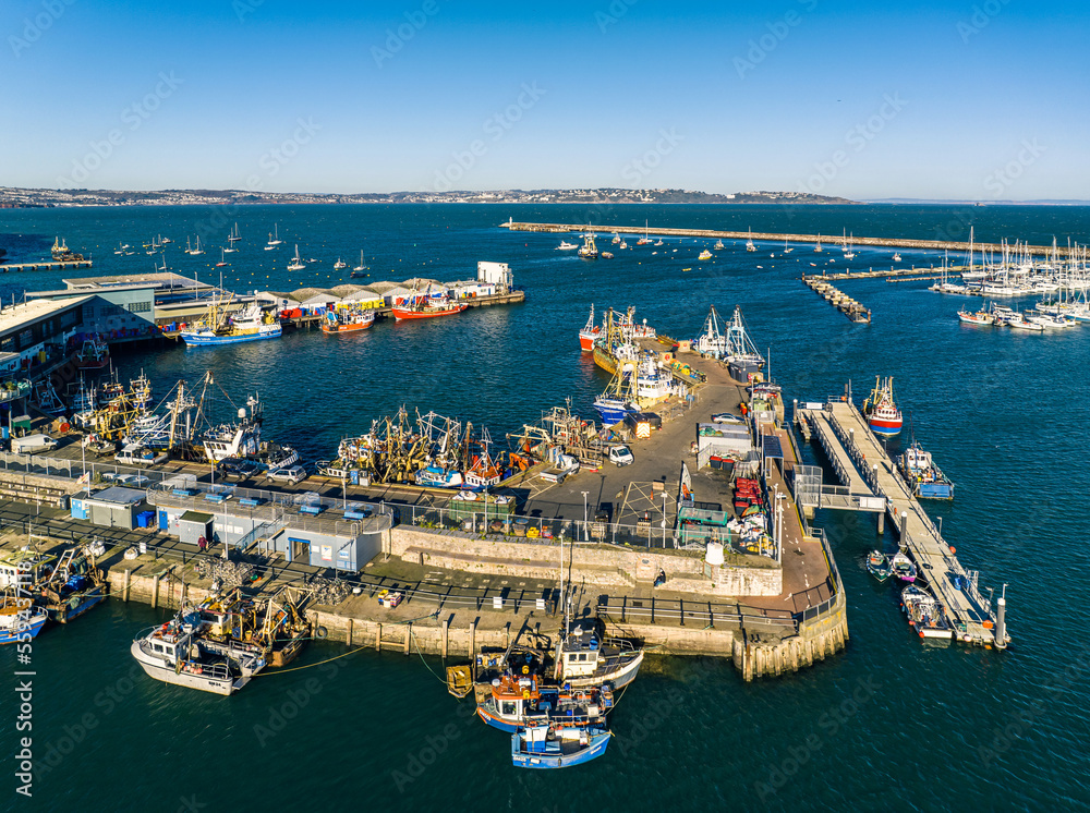 Brixham Harbour from a drone, Devon, England, Europe