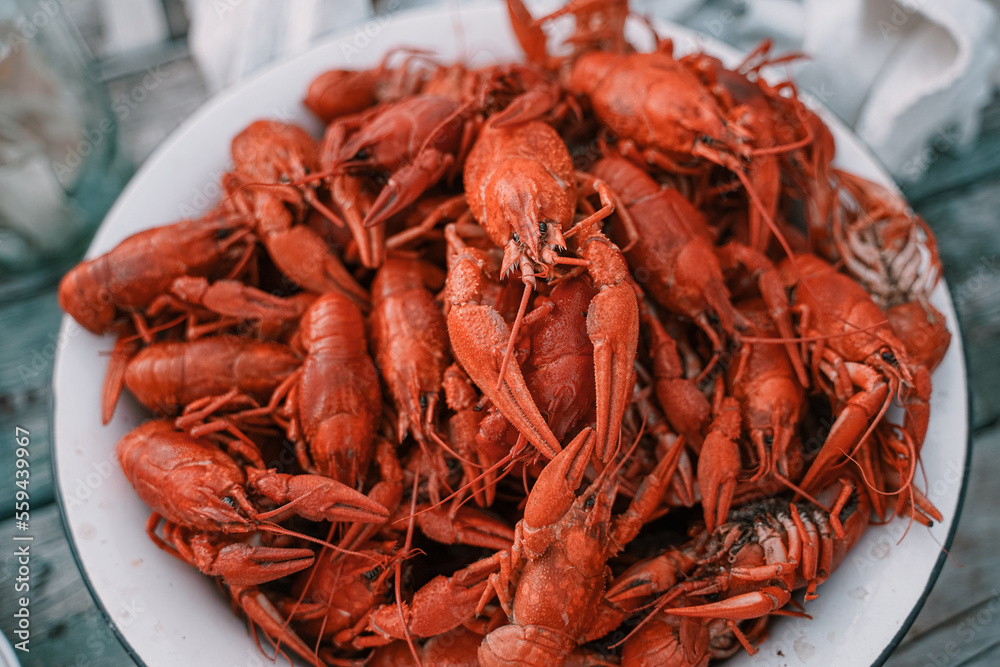 Rustic style large bowl with boiled crawfish, and on a grey-blue background. Rustic style large bowl with boiled crawfish, and on a grey-blue background.