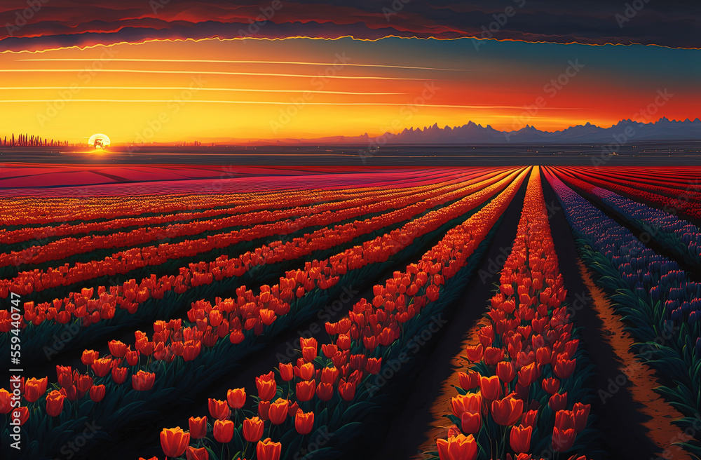 field of tulips at sunset. Generative AI picture.