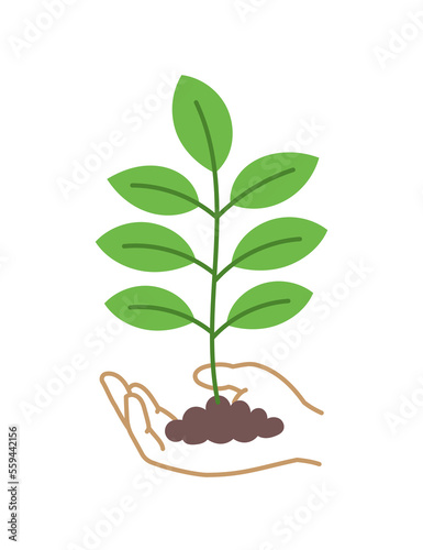 Hand with young tree. Growth of plant. Care for nature. Vector editable illustration.