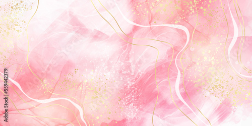 Pink blush liquid watercolor background with golden lines, dots and stains. Pastel marble alcohol ink drawing effect. Vector illustration design template for wedding invitation