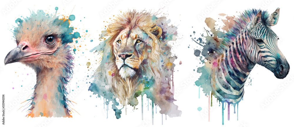 Safari Animal set zebra, ostrich and lion in watercolor style. Isolated vector illustration - obrazy, fototapety, plakaty 