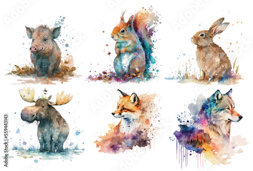 Safari Animal set wild boar, squirrel, hare, hippopotamus, deer, fox in watercolor style. Isolated vector illustration