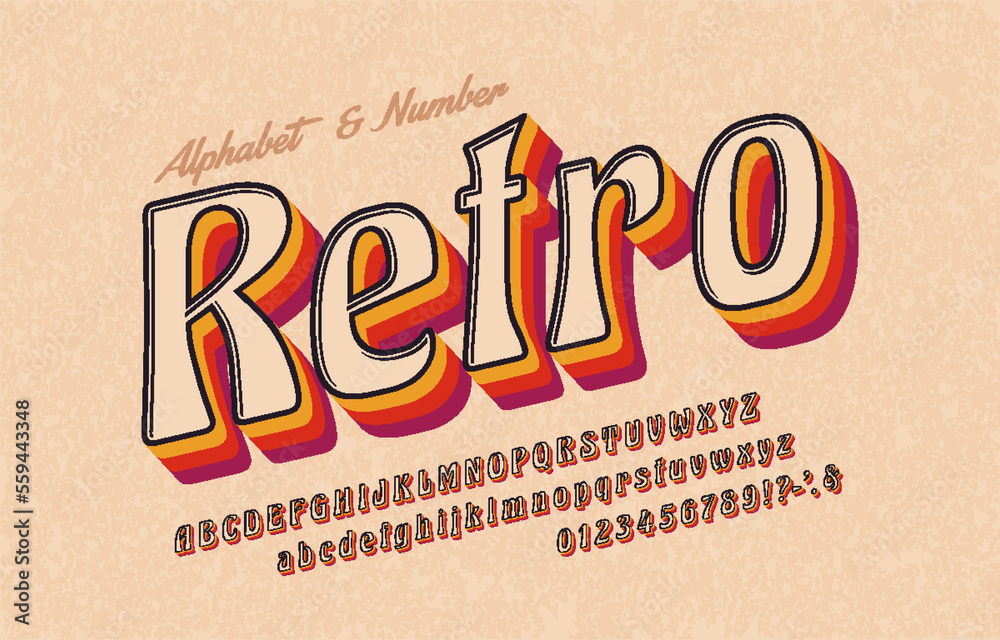 Stylized italic retro font and alphabet in retro 90s, 80s style. Vector alphabet abc. Signs, numbers and symbols