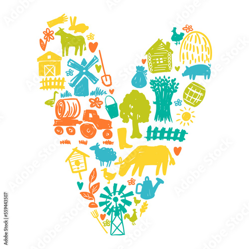 Vector pattern of agriculture and animals, hand-drawn in the style of a heart-shaped doodle