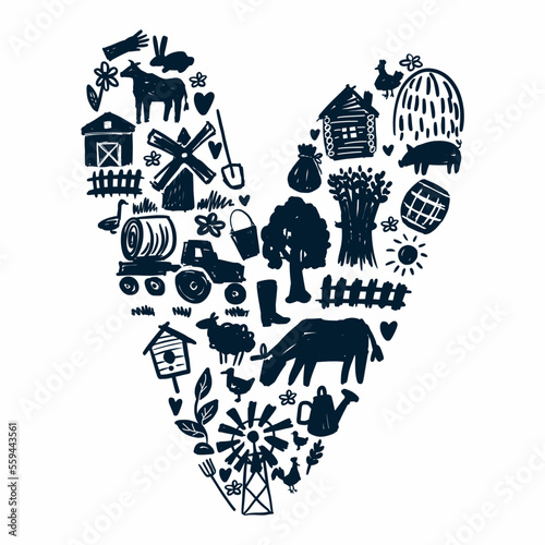 Vector pattern of agriculture and animals, hand-drawn in the style of a heart-shaped doodle