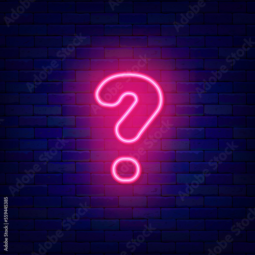 Question mark neon icon. Help and exam concept. Quiz design. Shiny effect banner. Vector stock illustration