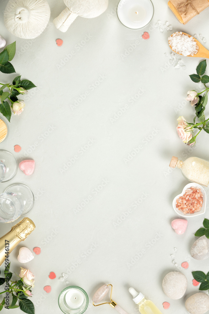 Romantic SPA background with natural cosmetic and champagne