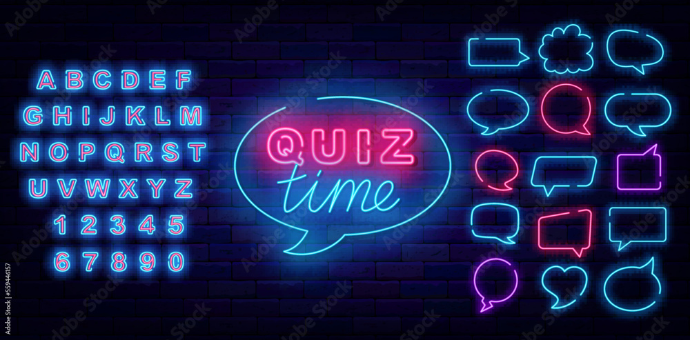 Quiz time in speech bubble neon sign with lettering. Shiny blue alphabet. Vector stock illustration