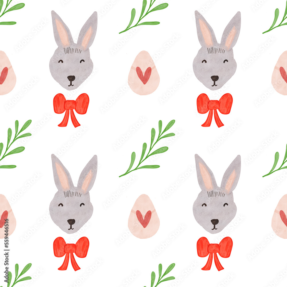 Fototapeta premium Watercolor rabbit head with red bow and floral seamless pattern. Easter watercolor illustration on white background. Spring fabric wrapping paper design