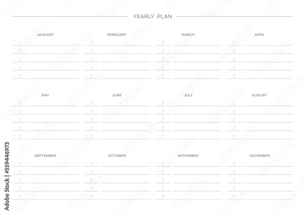 A yearly calendar template in a simple and minimal style. Note, diary, planner, calendar design template. A yearly calendar template in a simple and minimal style. Note, diary, planner, calendar design template.