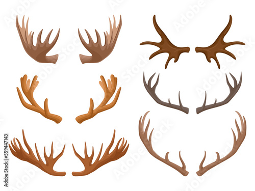 Cartoon animal horns. Reindeer, antelope and moose horn, wild mammals, ungulates antlers, hunting trophy flat vector illustration on white background