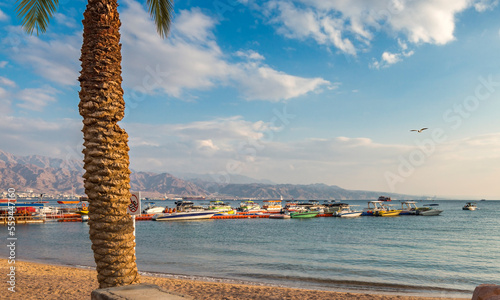 Public beach in Eilat - Israeli southernmost and famous tourist resort and re...