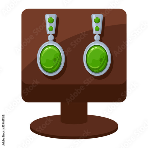 Cartoon earrings jewelry holder. Jewelry shop precious golden accessory, green gemstone bijouterie earrings flat vector illustration on white background