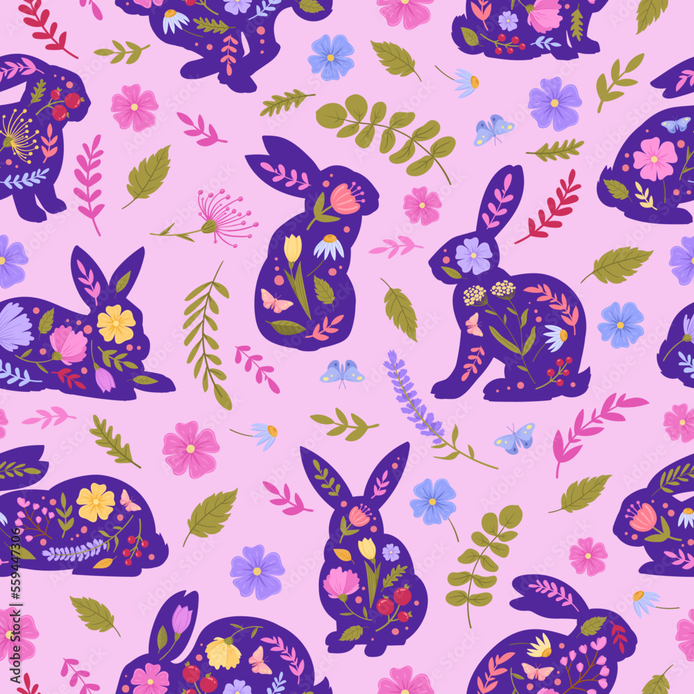 Cartoon rabbits seamless pattern. Funny easter bunny, spring eared hare animals, cute fur bunnies flat vector background illustration