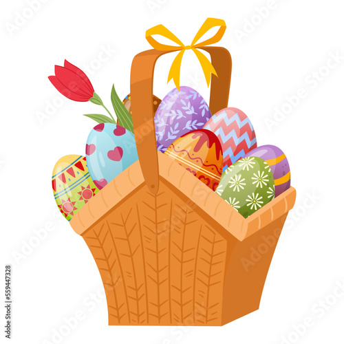 Cartoon wicker basket full of easter eggs. Painted easter eggs in hamper handle basket, spring holiday celebration basket flat vector illustration on white background