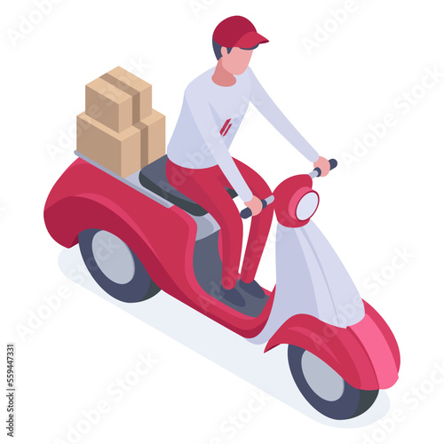 Isometric delivery service worker driving scooter. Male courier receiving parcels drive motor scooter flat vector illustration isolated on white background