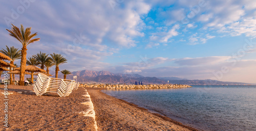 Public beach in Eilat - Israeli southernmost and famous tourist resort and re...