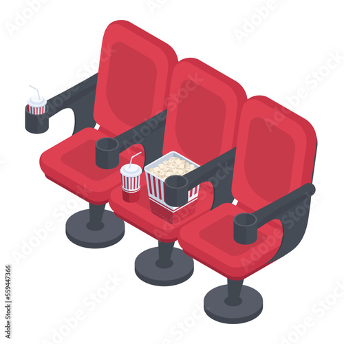 Isometric movie theatre red chairs. Empty cinema seats with popcorn and soda pop, cinema chairs for watching film on big screen 3d vector illustration on white background