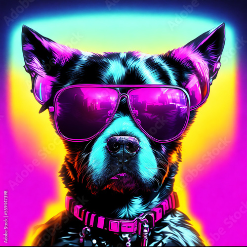 Obraz na płótnie Cool,neon,party,dog,in,sunglasses.,Generative,AI w salonie