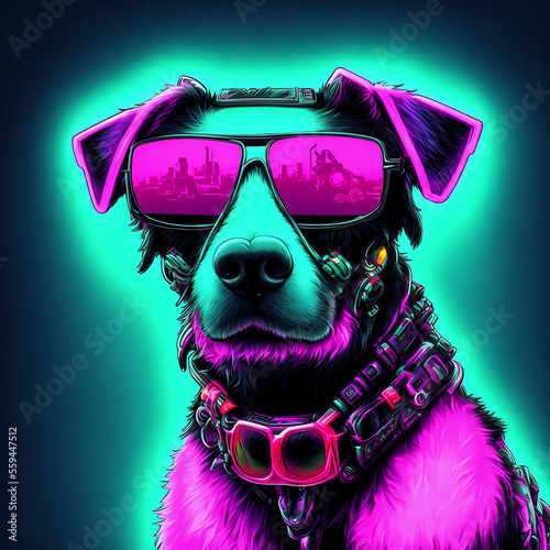 Obraz na płótnie Cool,neon,party,dog,in,sunglasses.,Generative,AI w salonie