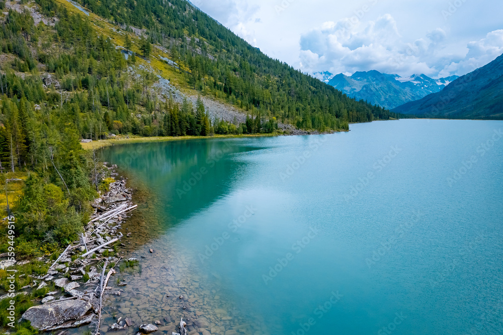 Naklejka premium Aerial Landscape summer day Multe lake in mountains Altai, top view