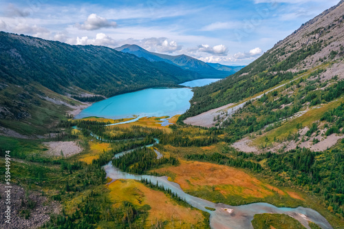 Aerial summer Landscape beautiful Multe lake in mountains Altai sunset, top view