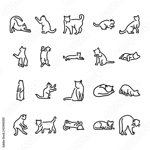 Different poses of cats line icons set. Isolated vector element.