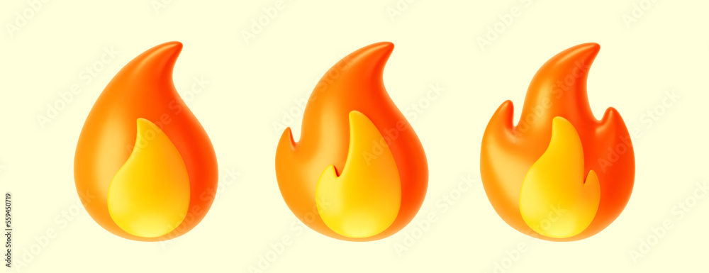 3d fire flame icons set isolated on white background. Render sprite of fire emoji, energy and power concept. 3d cartoon simple vector illustration