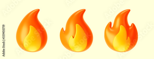 3d fire flame icons set isolated on white background. Render sprite of fire emoji, energy and power concept. 3d cartoon simple vector illustration