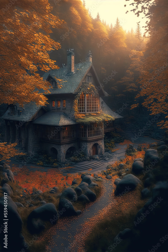 Obraz premium House in forest in autumn by generative AI