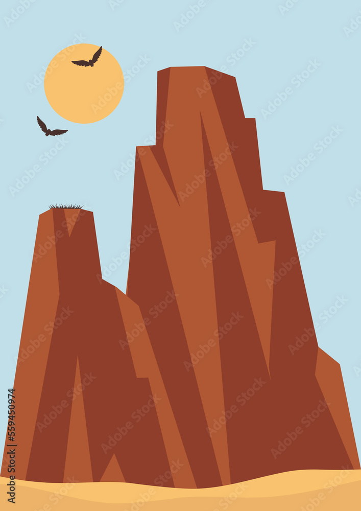 Aesthetic Arizona desert, natural parkland landscape poster. Flying eagles, nest on rock.