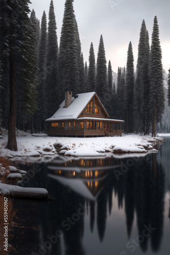Cabin by lake in winter by generative AI