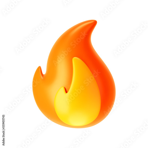 3d fire flame icon isolated on white background. Render of fire emoji, energy and power concept. 3d cartoon simple vector illustration