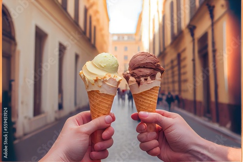 Valokuvatapetti Two hands close-up holding cones with italian ice-cream