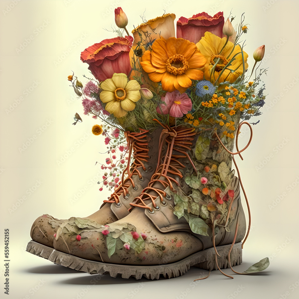 High boots with lacing. Bouquet of wild flowers in boots Stock