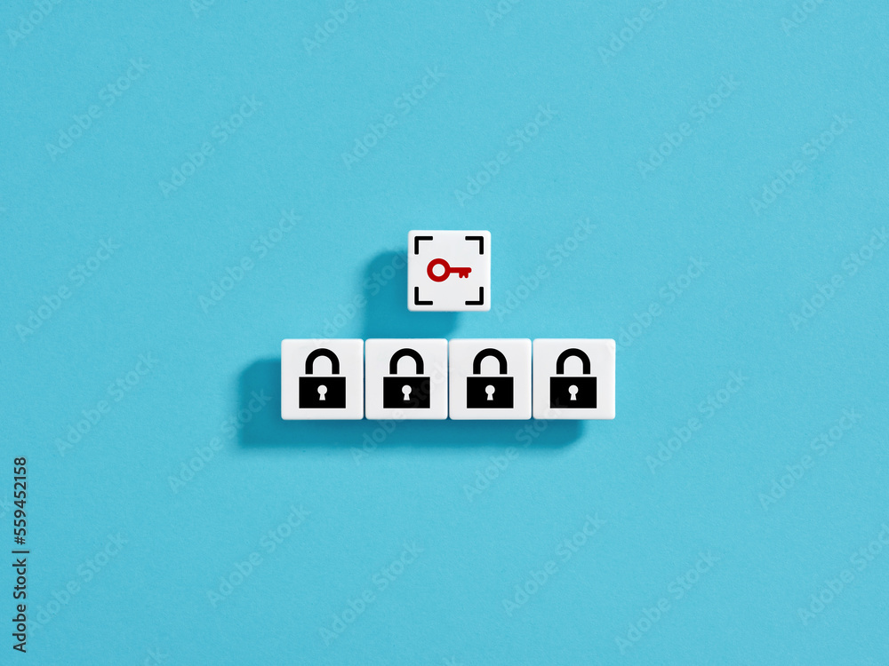 Data protection, encryption and privacy. Computer or internet security. Personal data safety. Key and closed padlock symbols on white blocks. Data protection, encryption and privacy. Computer or internet security. Personal data safety. Key and closed padlock symbols on white blocks.