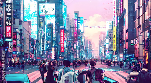 Dense city traffic street in Tokyo.Noisy Megapolis.Cyberpunk steampunk drawing