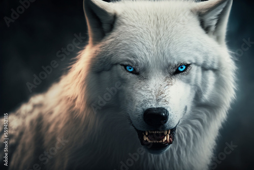 Closeup of angry white wolf with striking blue eyes. 