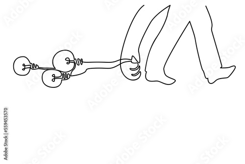 Idea finding illustration. One line creative person with light bulbs. People generating creative business ideas. Symbol of solutions and knowledge. Hand drawn line vector illustration. 
