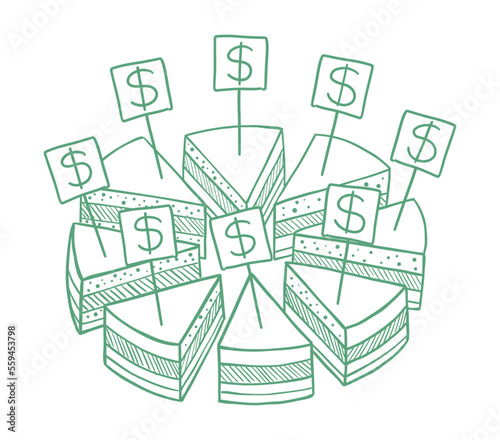 Pieces of the financial pie cake. Your share of the money. Cut cake and its slice parts split up.