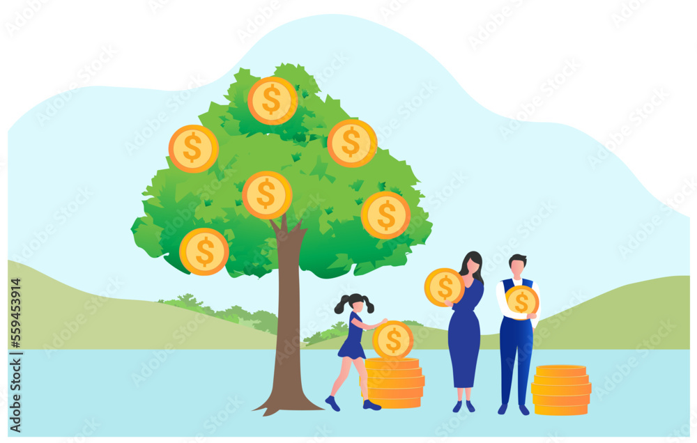 Family harvesting money from gold coins tree for financial growth and return on investment profit and financial planning vector illustration
