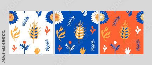 Vector seamless pattern set with doodle flowers and wheatUkrainian folk motifs, hand drawn designs for textiles, banners, pillows, decorating, printing etc.
