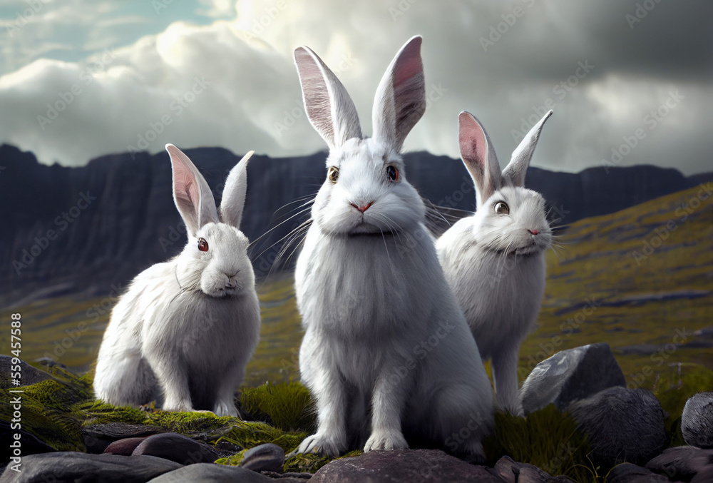 Cute young fluffy bunny sit on grass. Cloudy weather. Generative Ai Art. Cute young fluffy bunny sit on grass. Cloudy weather. Generative Ai Art.