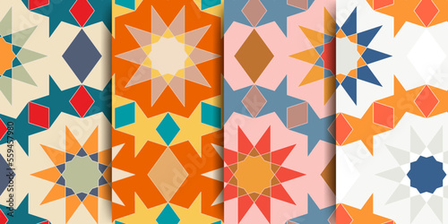 Arabic seamless pattern in multicolored palette. Arabic ornament. Arabic Muslim ethnic style. Ramadan wallpaper design. Moroccan style. Vector