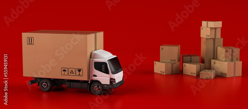 Big cardboard box package on a white truck ready to be delivered on red background