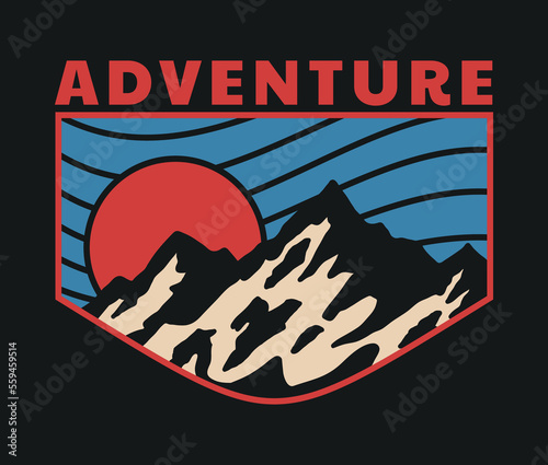 Mountain with Wavy Striped Sky and Sunset Illustration Vector Artwork with Adventure Slogan on Black Background For Apparel and Other Uses