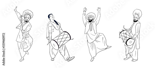 Punjabi people dancing vector outline celebrating Indian festival Lohri.
